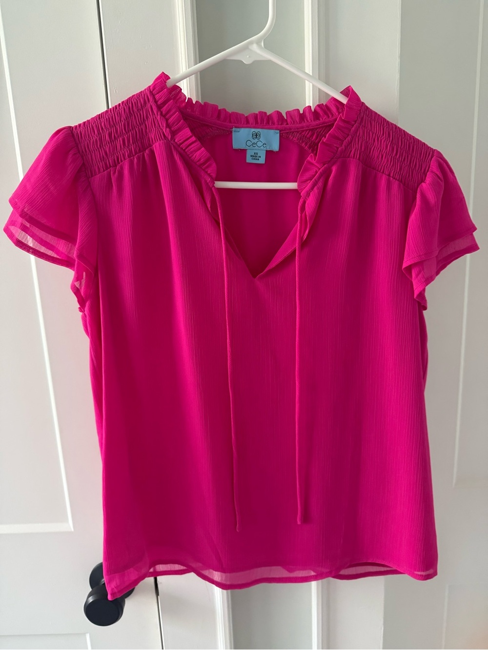 CeCe Fuchsia Tie-Neck Flutter Sleeve Blouse